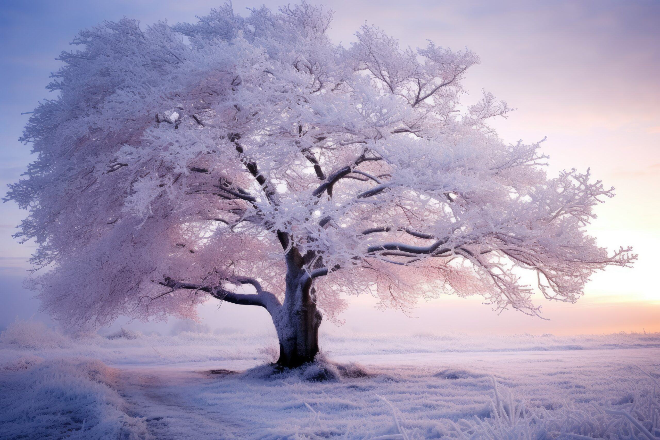 Snowy landscape with a solitary frozen tree